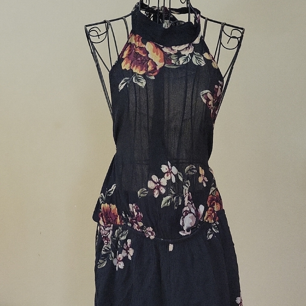 Romper Floral Black Halter Neck Open Back Sz SM $14